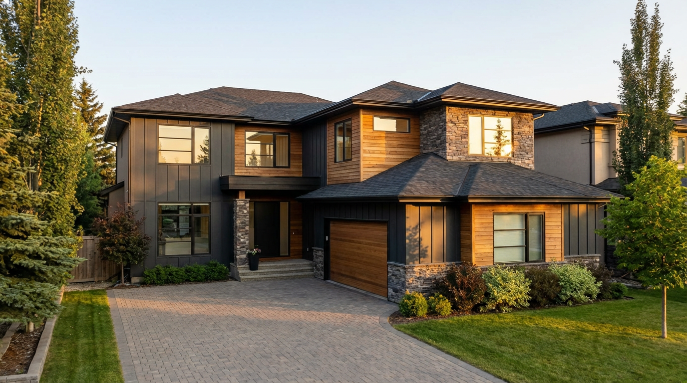 Exterior finishing project - modern home with wood and stone siding